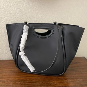 Black Nylon Leather Trim Gusset Wing Dual Handle Satchel Shoulder Tote Bag | B7